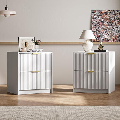 3-Piece Dresser Bedroom Set, 5 Drawer Dresser & 2 Drawer Nightstands with Gold Handles, Fluted Wood Chest of Drawers for Bedroom, Living Room, Entryway, White