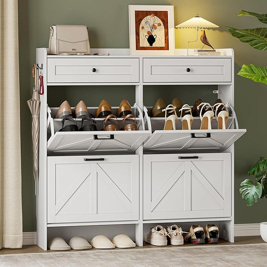 Shoe Storage Cabinet for Entryway, Farmhouse Wide Shoe Cabinet with 4 Flip Drawers and 2 Top Drawers, Freestanding Organizer with Adjustable Shelves, Hooks, and Anti-Tip Kit for Hallway