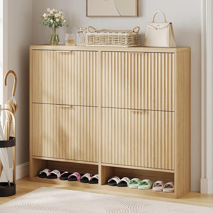 Fluted Shoe Cabinet Storage with 4 Flip Drawers, Narrow Shoe Storage Organizer for Entryway, Hidden Slim Wooden Shoe Rack Cabinet for Front Door Entrance, Hallway, Living Room (4-Drawer, Oak)