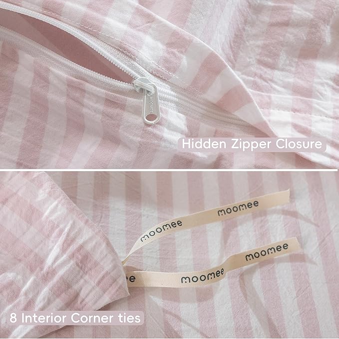 MooMee Striped Duvet Cover Set 100% Washed Cotton Linen Like Textured Breathable Durable Soft Comfy (Heathered Greyish Pink Classic Stripes, Full 80"x90")
