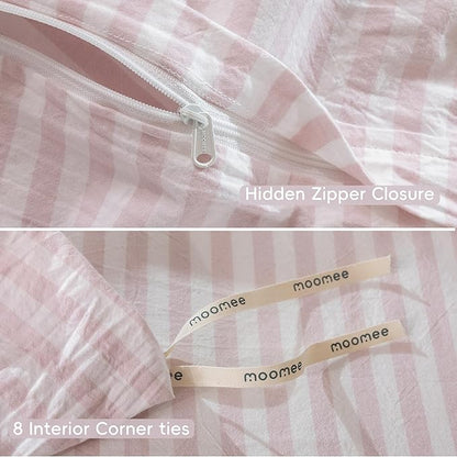 MooMee Striped Duvet Cover Set 100% Washed Cotton Linen Like Textured Breathable Durable Soft Comfy (Heathered Greyish Pink Classic Stripes, Twin 68"x90")
