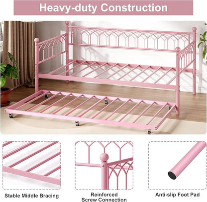 GarveeHome Twin Size Daybed, Sofa Bed Frame with Metal Steel Slat Support, Heavy Duty Metal Bed Frame, Space Saving, Easy Assembly, for Small Spaces, Living Room, Bedroom, Apartment, Pink