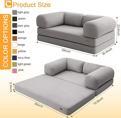 COMAX Folding Sofa Bed Queen, 4-in-1 Foldable Floor Couch Convertible Futon Sofa with Armrests Sleeper Mattress Chair Bed Comfy Portable Fold Out Lounge Guest for Living Room Bedroom, Light Grey