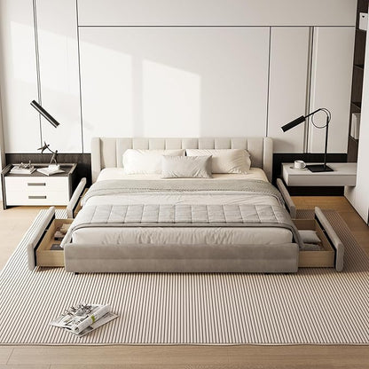 DEINPPA King Size Bed Frame with 4 Storage Drawers and Cloud Soft Headboard, Chenille Upholstered Grounded Wood Base Bed Frame, No Box Spring Needed-Beige