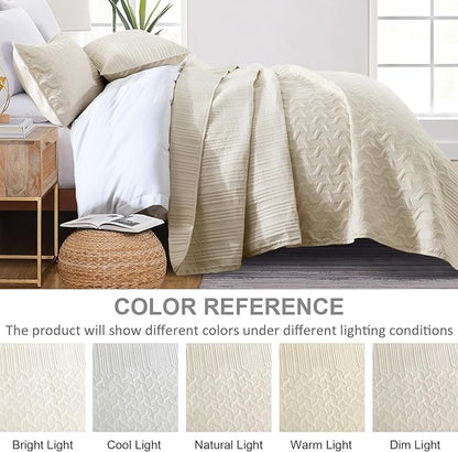 Yiran Beige Quilt Set Queen Size Lightweight Bedspread Ultrasonic Wave Pattern Soft Microfiber Coverlet for All Season Modern Style 3 Piece Bed Cover Sets with 2 Pillow Shams (96"x90")