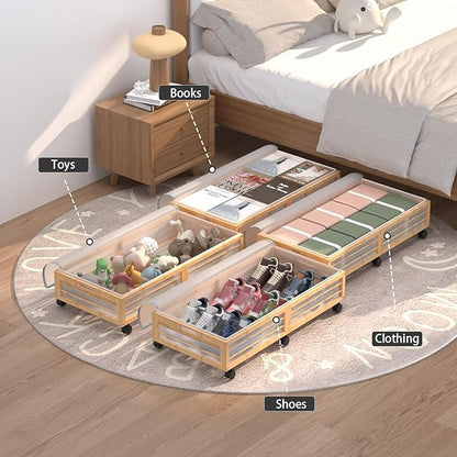 Under Bed Storage Containers with Wheels, Larger Bamboo Wood Under Furniture Storage Containers with Dust Bags，Rolling for Shoes Clothes