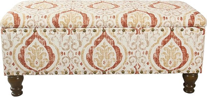 HomePop Large Storage Bench with Nailhead Trim -Orange and Cream Medallion