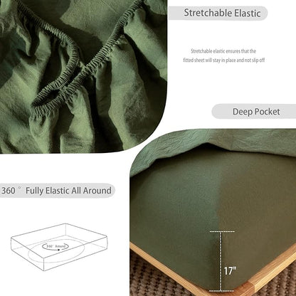 MooMee Fitted Bottom Sheet Only 100% Washed Cotton Linen Like Textured Breathable Durable Soft Comfy Deep Pocket Fits Mattress up to 17" (Olive Green, King)
