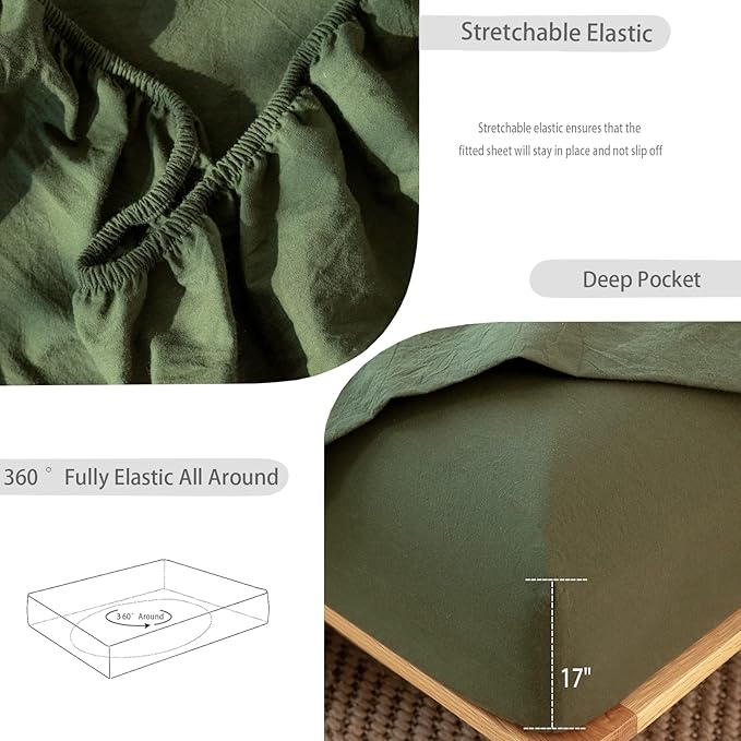 MooMee Fitted Bottom Sheet Only 100% Washed Cotton Linen Like Textured Breathable Durable Soft Comfy Deep Pocket Fits Mattress up to 17" (Olive Green, California King)