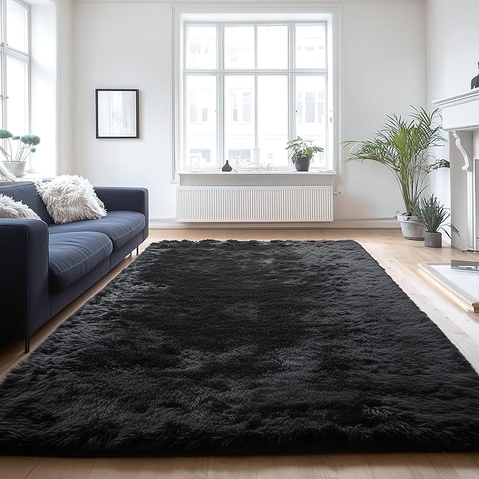 PAGISOFE Fluffy Shaggy Washable Area Rug for Living Room 5x8 Ft,Soft Fuzzy Rugs for Bedroom Shagg Carpet for Kids Girls Boys Dorm Room Furry Rugs for Nursery Playroom Fluffy Toddler Room Rug Black