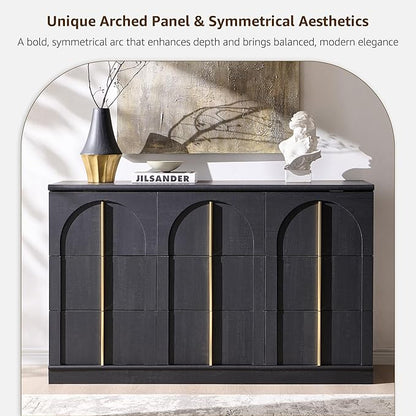 ACCOHOHO Arched Dresser for Bedroom with 9 Drawers, 52" Wide Modern Chest of Drawers with Rounded Edge & Metal Handles, Wood Storage Closet Dressers TV Stand for Living Room, Hallway, Black