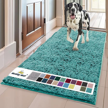Muddy Mat® | Super Absorbent Door Mat Indoor, Microfiber Quick Dry Chenille Entryway Rug, Non-Slip Front Door Mat, Indoor Mats for Entryway, Machine Washable Pet Rug, Teal 35"x60"