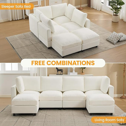 116'' 4-Seater Modular Sectional Cloud Sofa with 2 Ottomans, U-Shaped Couch for Living Room, Modern Deep Seat Sofa with Soft Back Cushions, Chenille Beige