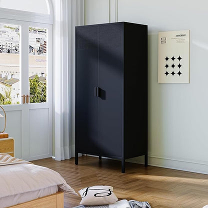 COFaR Metal Wardrobe Cabinet with Hanging Rod, 71 inches Tall Bedroom Armoire Wardrobe Closet for Home, Office, Garage, Laundry Room Black
