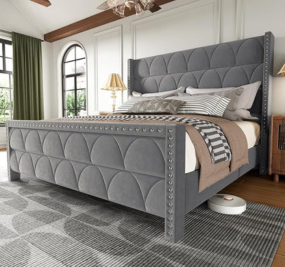 King Size Bed Frame with 56" Headboard - Velvet Upholstered Wingback Platform Bed Frame, Noise Free, Sturdy Wooden Slat Support (Deep Gray, King)