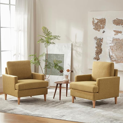 VKNOW Mid-Century Accent Chair, No Tools Assembly Required, Modern Upholstered Polyester Armchair for Living Room,Comfy Reading Accent Chairs with Wood Legs for Bedroom, Yellow