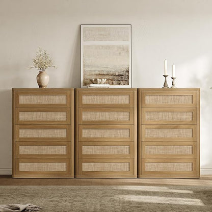 SICOTAS Tall Dresser for Bedroom - Rattan 5 Drawer Dressers Chest of Drawers with Push-to-Open Design, Modern Extra Deep Clothes Dresser with Large Storage for Closet, Living Room, Amber Oak, 2PCS