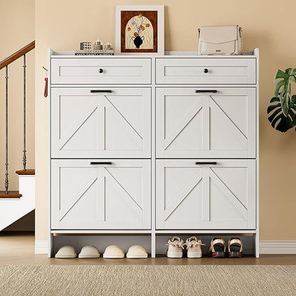 Shoe Storage Cabinet for Entryway, Farmhouse Wide Shoe Cabinet with 4 Flip Drawers and 2 Top Drawers, Freestanding Organizer with Adjustable Shelves, Hooks, and Anti-Tip Kit for Hallway