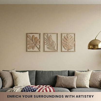 qmmp Modern Wooden Wall Sculptures - Set of 3 - Home Decor Accent - Large Wall Art for Living Room, Bedroom, Office - Easy Installation (Oak, Large - Tree Leaves)