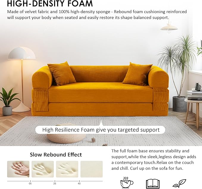 80" Convertible Sofa Bed, Corduroy Deep Seat Folding Pull Out Couch with Pillows, No Assembly Modern Boneless Couch Compression Sofa in Box, Floor Sofa with Storage Pocket for Living Room,Yellow