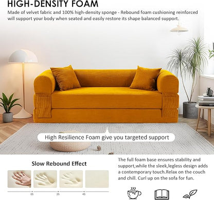 80" Convertible Sofa Bed, Corduroy Deep Seat Folding Pull Out Couch with Pillows, No Assembly Modern Boneless Couch Compression Sofa in Box, Floor Sofa with Storage Pocket for Living Room,Yellow