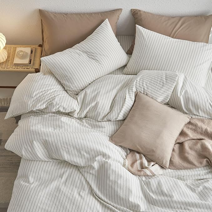 MooMee Striped Duvet Cover Set 100% Washed Cotton Linen Like Textured Breathable Durable Soft Comfy (White Sage Green Wide Stripes, Super King Plus 120"x120")