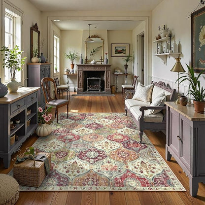 Lahome Moroccan Machine Washable Rugs for Living Room, 4x6 Rug for Bedroom Non-Slip Vintage Trellis Ultra-Thin Throw Carpet for Dining Room Office Nursery, Orange/Terracotta