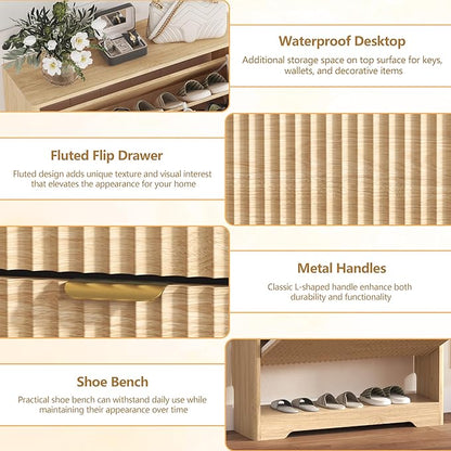 Shoe Cabinet Storage for Entryway with 2 Flip Drawers, Fluted Shoe Cabinet with Open Storage, Wooden Hidden Shoe Rack Freestanding Narrow Slim Shoe Organizer for Hallway, Entrance