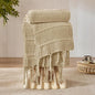 Boho Knitted Chenille Blanket with Tassels - Lightweight & Soft All-Season Throw - 3D Classic Pattern for Living Room Bedroom Couch, Sandy Beige, King 90"x108"