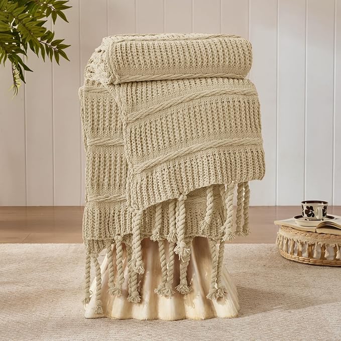 Boho Knitted Chenille Blanket with Tassels - Lightweight & Soft All-Season Throw - 3D Classic Pattern for Living Room Bedroom Couch, Sandy Beige, Queen 90"x90"