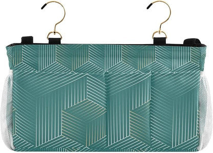 Bedside Caddy Hanging Bunk Bed Caddy Bed Organizer Hanging Pocket with 2 Hooks Bedside Storage Organizer Pocket Bag Holder Geometric Green