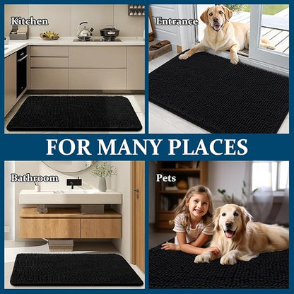 OLANLY Dog Door Mat for Muddy Paws 47x17, Absorbs Moisture and Dirt, Absorbent Non-Slip Washable Doormat, Quick Dry Chenille Mud Mat for Dogs, Entry Indoor Entryway Carpet for Inside Floor, Black