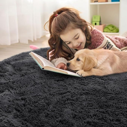 OLANLY Black Round Rugs for Bedroom - Machine Washable, 7 ft Circle Area Rugs for Living Room, Soft and Fluffy Shaggy Carpet for Teen Girls and Boys, Nursery Rooms, Dorms, Home Decor Aesthetic