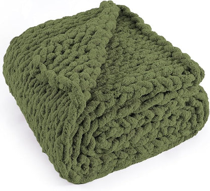 Chunky Knit Throw Blanket 50"X 60", 100% Handmade with Soft Chenille Yarn, 4.4lbs Thick Cable Knitted Blankets, Large Rope Knot Crochet Throws for Couch Sofa Bed Home Decor, Olive Green