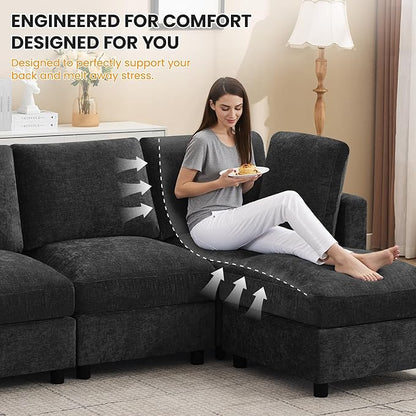 116'' 4-Seater Modular Sectional Cloud Sofa with 2 Ottomans, U-Shaped Couch for Living Room, Modern Deep Seat Sofa with Soft Back Cushions, Chenille Dark Grey