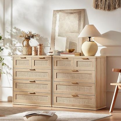 LEYAOYAO Rattan Dresser for Bedroom Set of 2, 33.5" Tall Chest of Drawers, Modern 5 Drawers Boho Dressers with Storage, Light Oak Dresser Wooden Closet Organizer for Living Room, Hallway, Natural Wood
