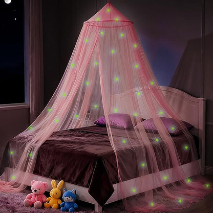Pink Princess Bed Canopy for Girls with Glowing Stars, Canopy Bed Curtains for Twin, Full, and Queen Sizes; Ceiling Tent for Reading Nooks, Mosquito Net for Indoor Room Decor and Outdoor Use