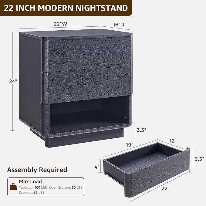 ACCOHOHO Nightstand with Charging Station, 22" Push-to-Open Bedside Table with 2 Storage Drawers, Large Modern End Table for Bedroom,Black