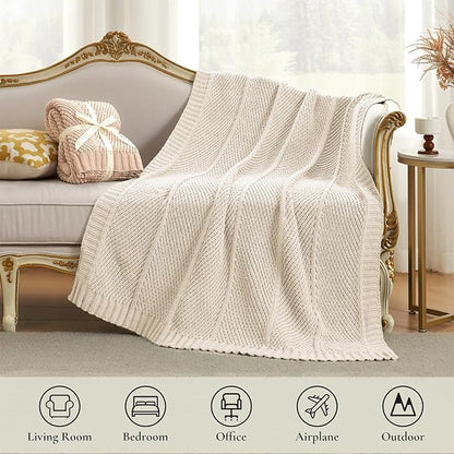 Amélie Home Chevron Chenille Knit Throw Blanket for Couch, Cozy Texture Decorative Soft Blanket for Sofa & Chair, 60"x80", Ivory