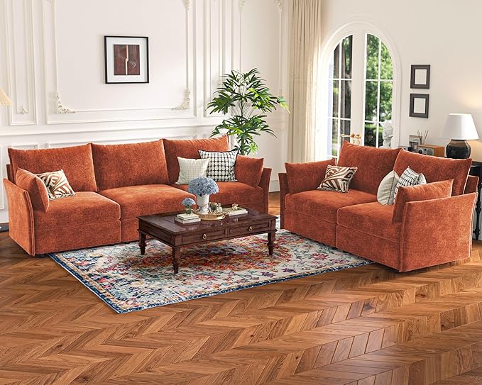 ABCASA 135.5" Oversized Modular Sectional Sofa, L Shaped Convertible Couch with Movable Ottoman, 5 Seat Corner Couches for Living Room Deep Seat Terracotta Orange Chenille