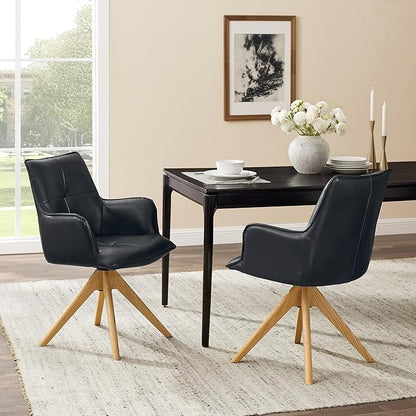 Art Leon Office Chair No Wheels - Mid Century Modern Swivel Desk Chair, Genuine Leather Upholstered Accent Chair with Oak Wood Legs for Small Space Living Room Bedroom, Black Blue