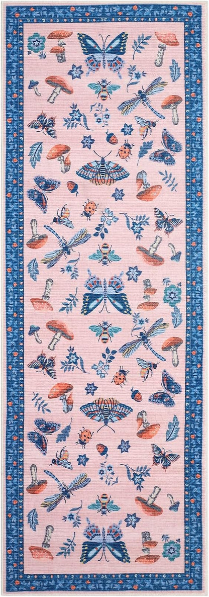 Mushroom Insect 2x6 Runner Rug for Hallway Washable Kitchen Rugs Non Slip with Rubber Back Blue Pink Low-Pile Stain Resistant Indoor Carpet for Entryway Bathroom Laundry Dorm