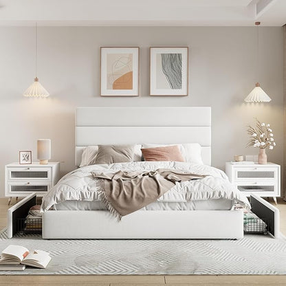 Allewie Modern Queen Size Platform Bed Frame with 4 Storage Drawers and Velvet Upholstered Headboard, Wooden Slats Support, Upholstered Mattress Foundation/No Box Spring Needed/Easy Assembly, White
