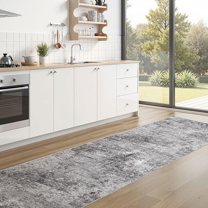 Washable Runner Rug for Hallway: 2.6x12 Neutral Modern Abstract Low Pile Area Rug with Non-Slip Backing - Carpet for Bedroom Kitchen Laundry Entryway Bathroom Indoor - Grey