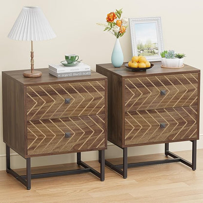 Modern Nightstand Set of 2,Morden Night Stand with 2 Drawers,End Tables with Storage,Bedside Tables for Bedroom,Walnut