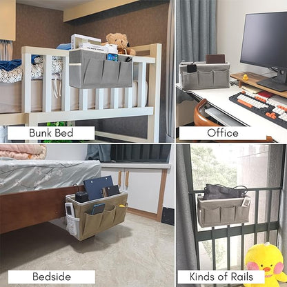 Kanrichu Bedside Caddy Storage Organizer - 2pcs Hanging Bag Holder with Pockets for Bedroom, Loft, Tent, Curtain, Bunk bed Shelf Accessories (Gray)