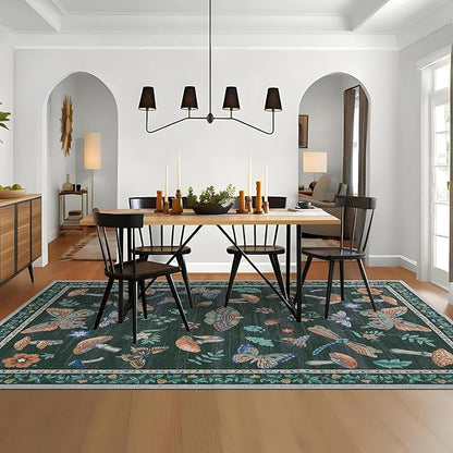 Mushroom 8 X 10 Rug for Living Room Non Slip Washable 8x10 Rug for Bedroom with Rubber Back Soft Low-Pile Stain Resistant Foldable Large Carpet for Office Nursery Dining Room Black