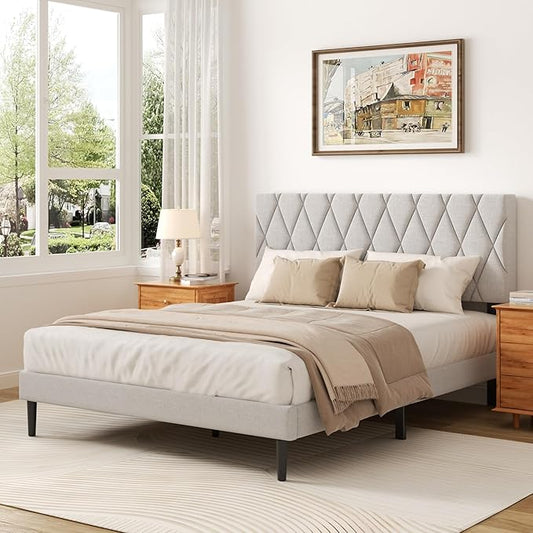 Queen Size Bed Frame with Diamond Tufted Headboard, Linen Upholstered Platform Bed and Wooden Slat Support, Noise-Free, No Box Spring Needed, Easy Assembly, Light Grey