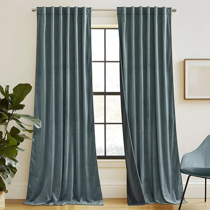 RYB HOME Dusty Blue Velvet Drapes for Baby Boy Bedroom, Thermal Insulated, Light Blocking, Floor-Length Back Tab Velvet Curtains for Modern Home Decor, 52" W x L102 L, 2 Panels Set