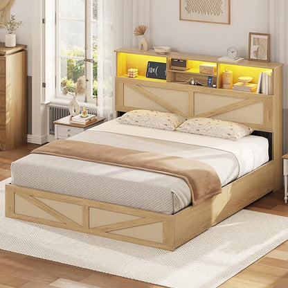 VIAGDO Rattan Bed Frame Queen Size with Bookcase Storage Headboard, Charging Station and LED Lights, Wooden Queen Bed Frame with 4 Drawers, Barn Door Design, No Box Spring Needed, No Noise, Natural